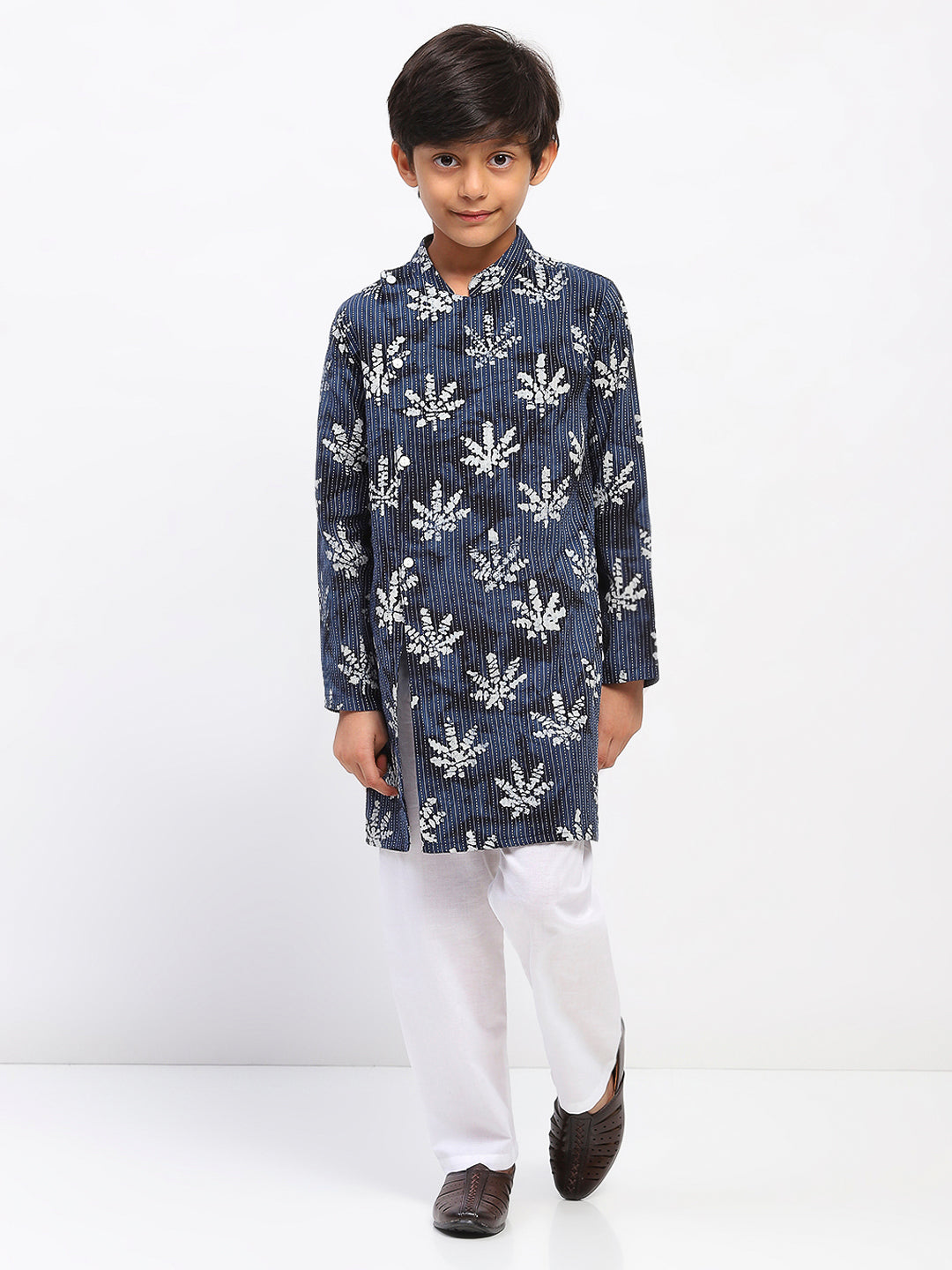 Boys Blue Cotton Printed Ethnic Kurta Pajama Set