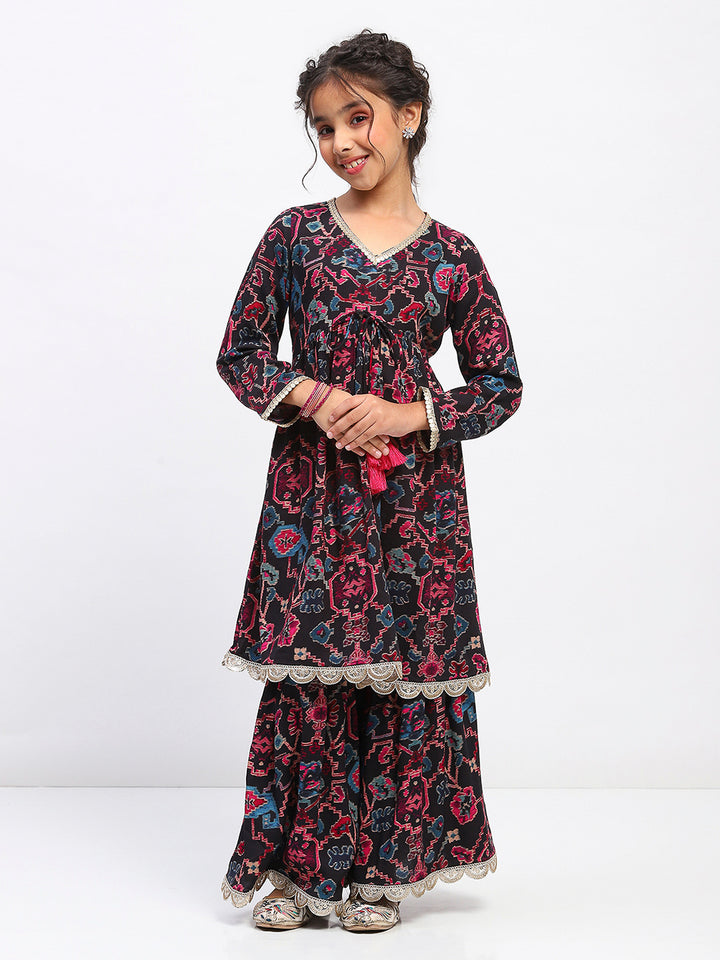 Girls Floral Print Ethnic Tiered  Kurta and Sharara Set