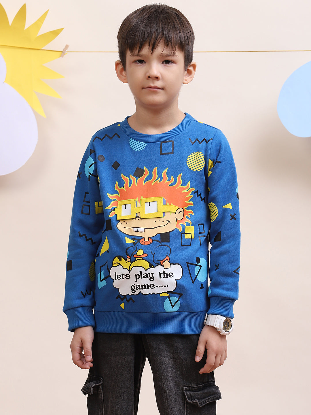 Boys' Blue Cartoon Graphic Sweatshirt - "Let's Play the Game" Design
