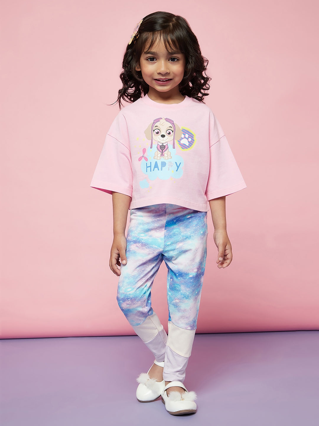 Kid Girl's Pink Tee with Happy Puppy Print and Pant Set