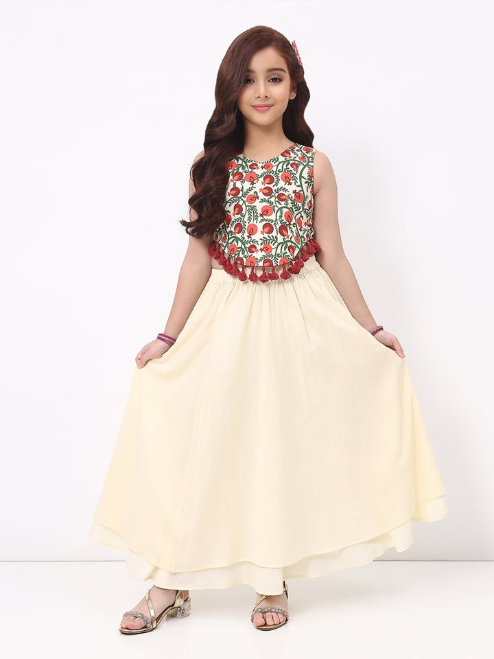 Girls Cream Printed Sleeveless Ethnic Top And Skirt Set