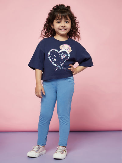 Kid Girl's Navy Blue Printed T-Shirt and Light Blue Pants Set