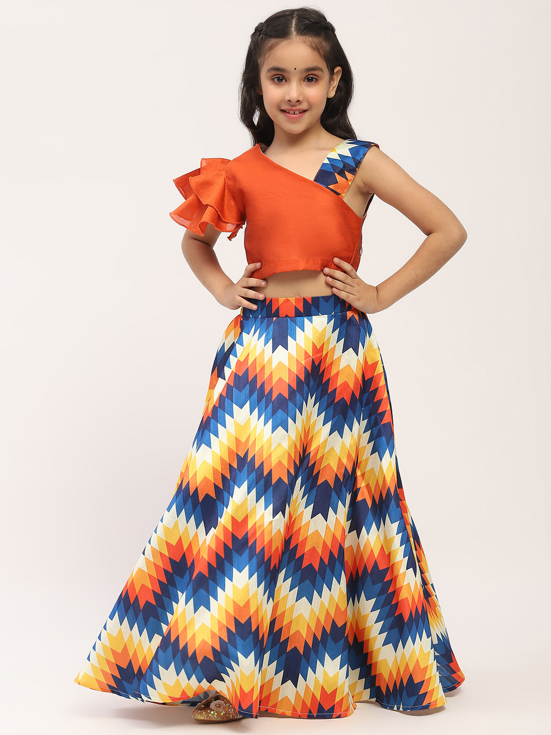 Spunkies Girls Orange and Blue Printed Lehenga with One-Shoulder Frilled Blouse Set