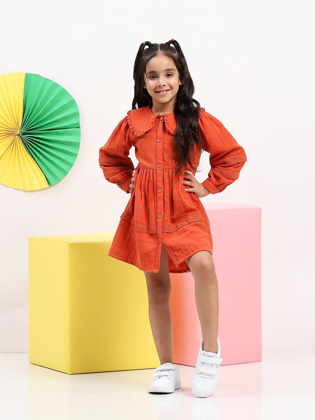 Girls' Rust Button-Down Dress with Ruffled Collar