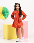 Girls' Rust Button-Down Dress with Ruffled Collar
