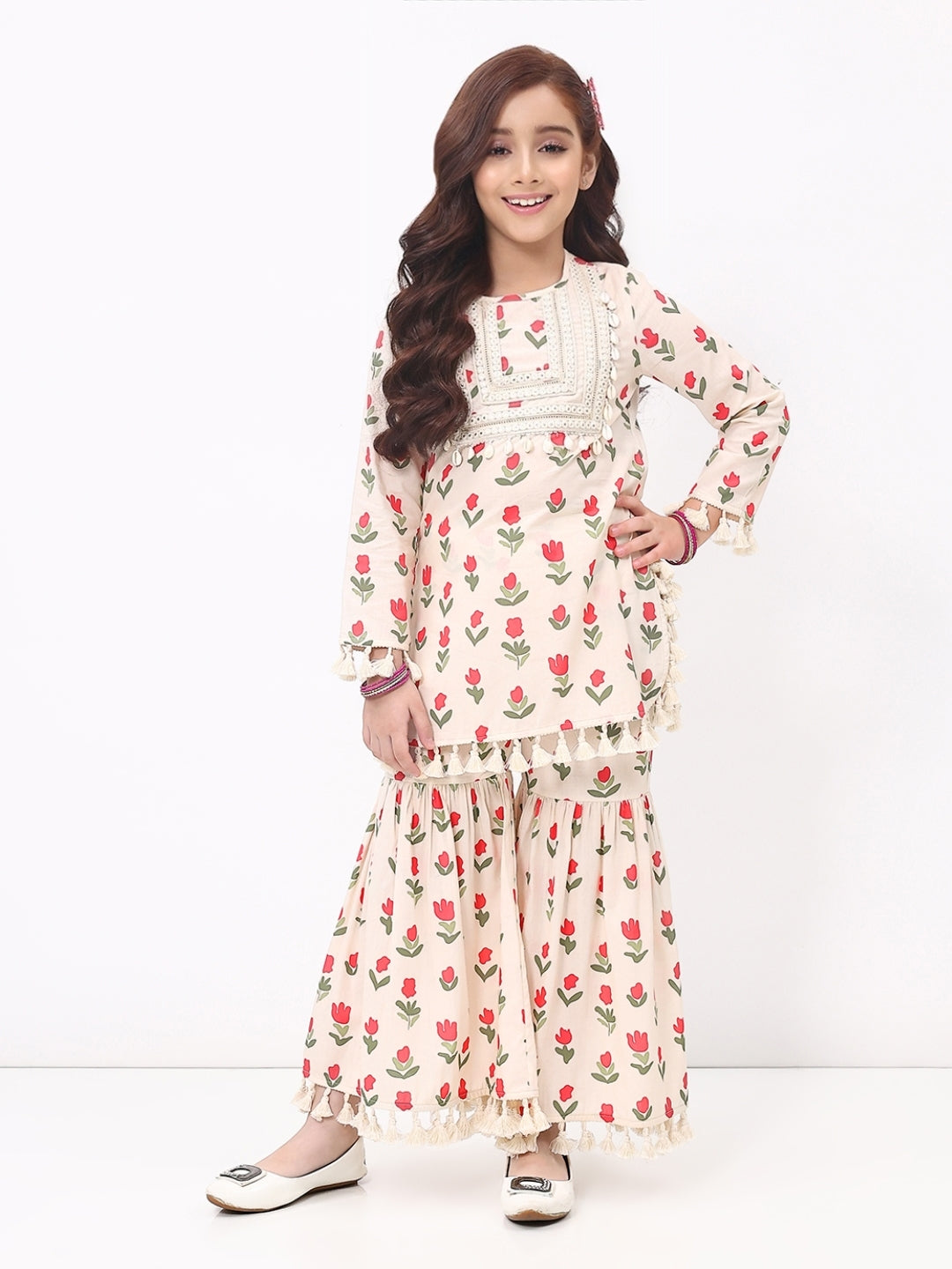 Girls Off white Floral Print Ethnic kurti and sharara Set