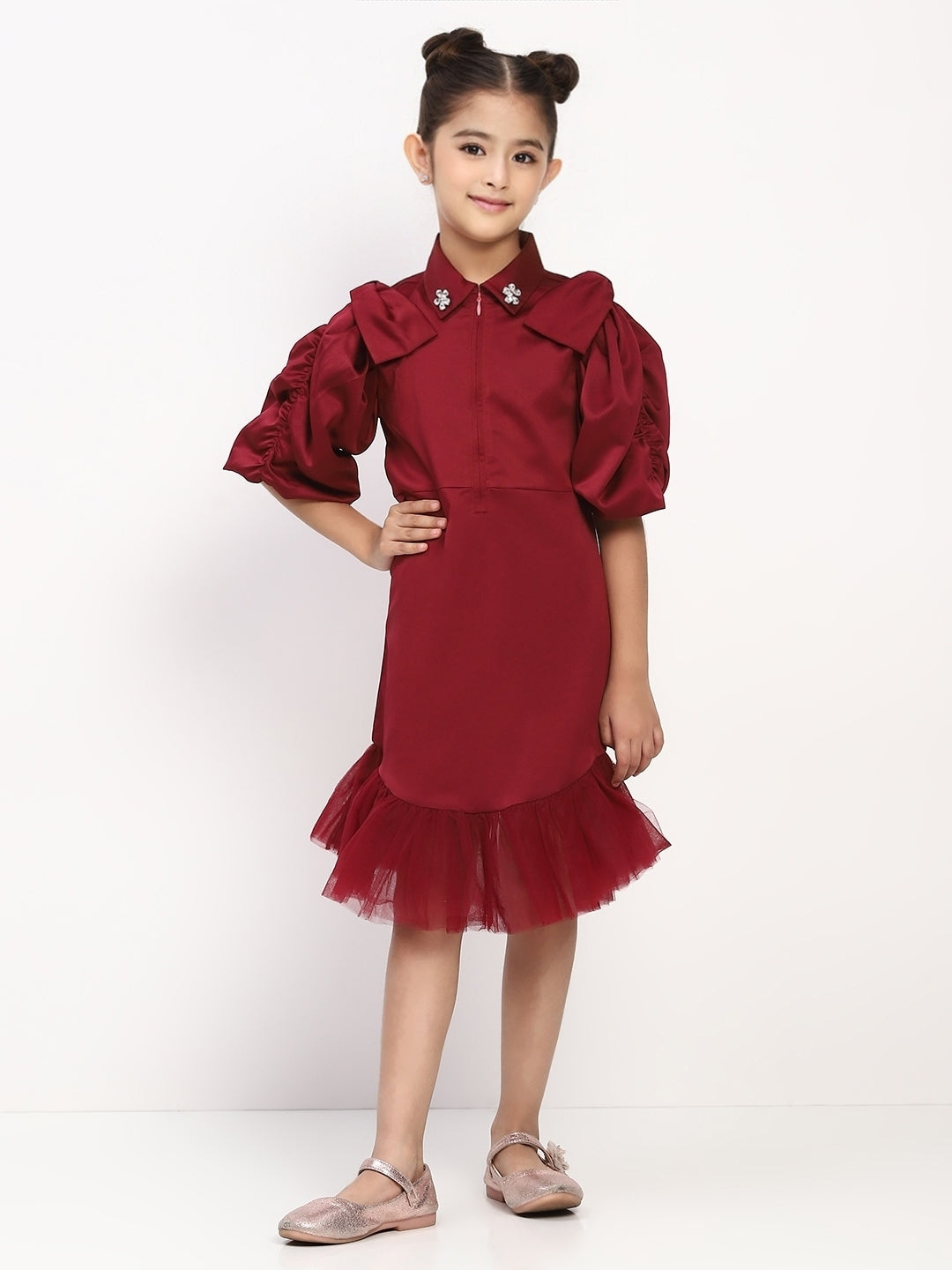 Girl's Maroon Collared Pleated Tulle Cap Sleeve Dress