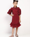 Girl's Maroon Collared Pleated Tulle Cap Sleeve Dress