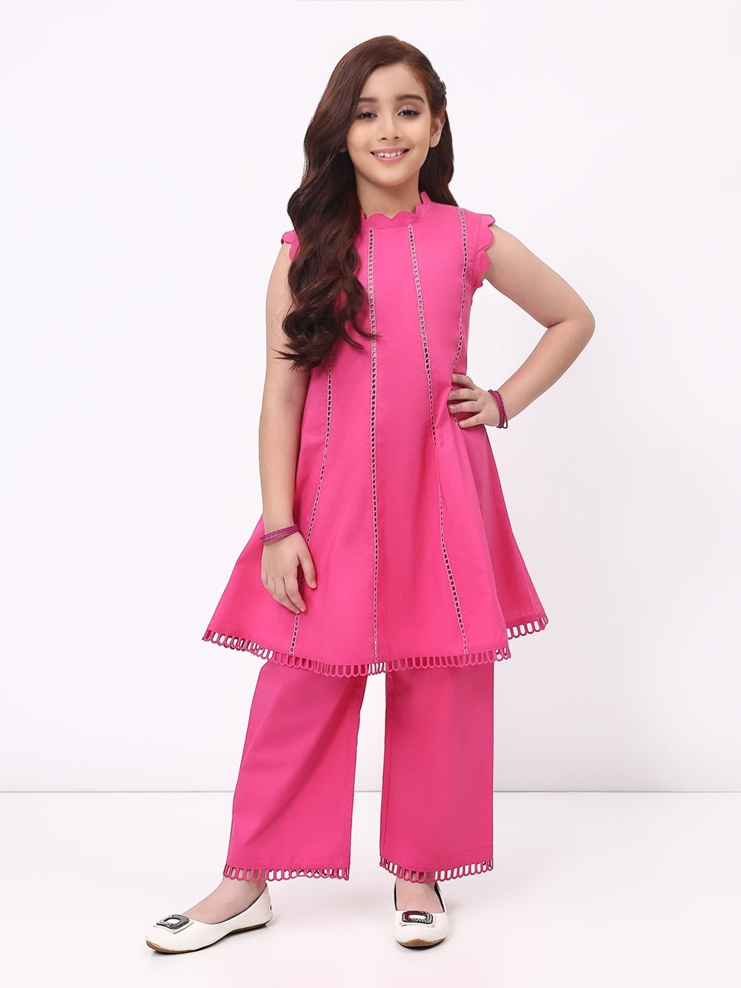 Girls Fuchsia Pink Ethnic Sleeveless Kurta with Palazzo Co-Ord Set