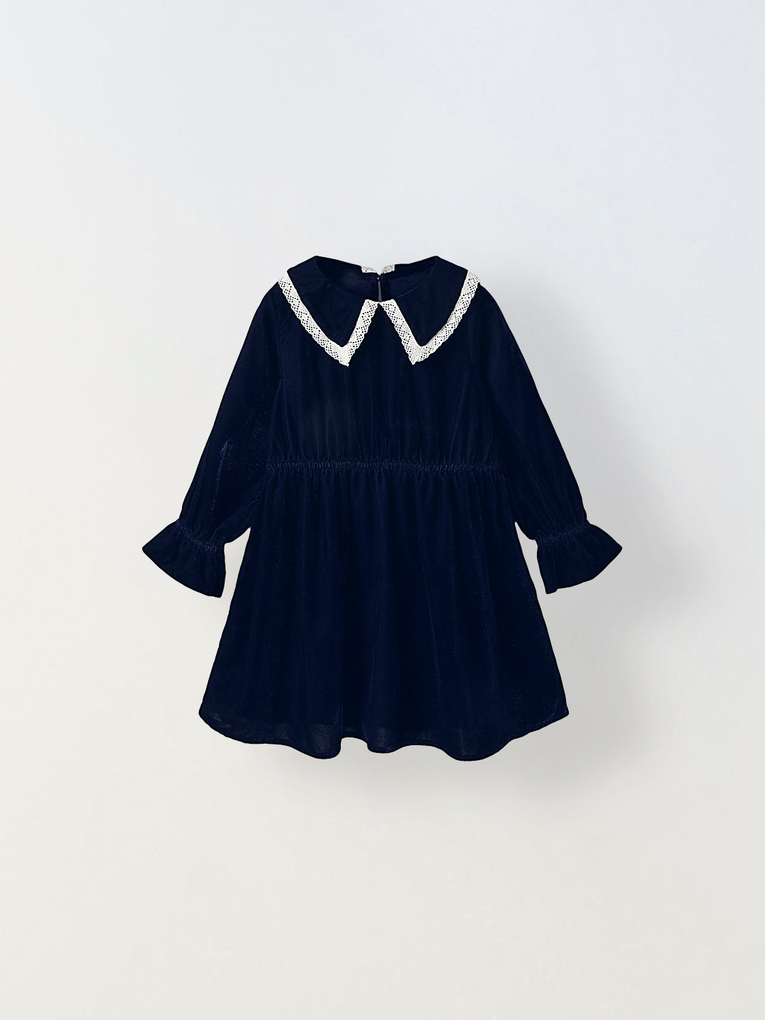 Girls Navy Velvet Party Dress with Lace Collar