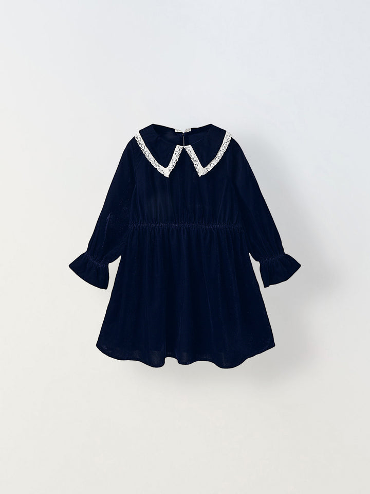 Girls Navy Velvet Party Dress with Lace Collar