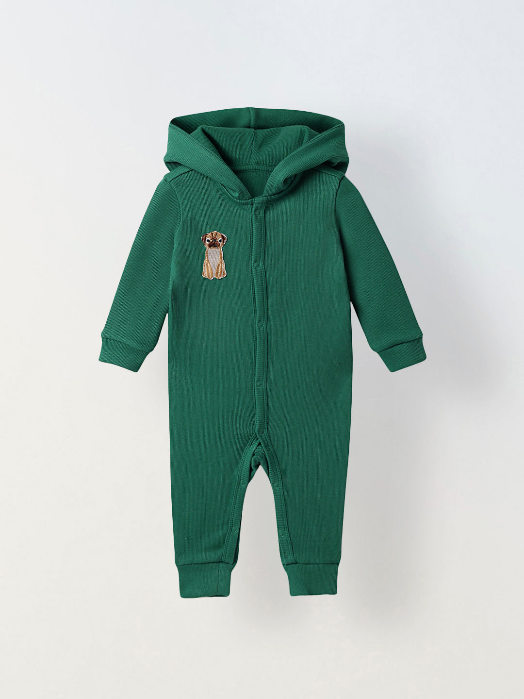 Infant Green Hooded Romper with Dog Patch