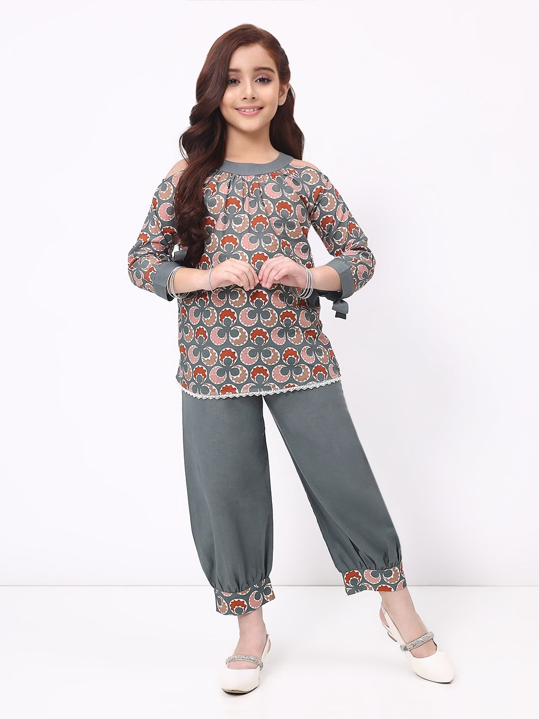 Girls Cotton Linen Dark Grey Printed  Ethnic Co-Ord Set