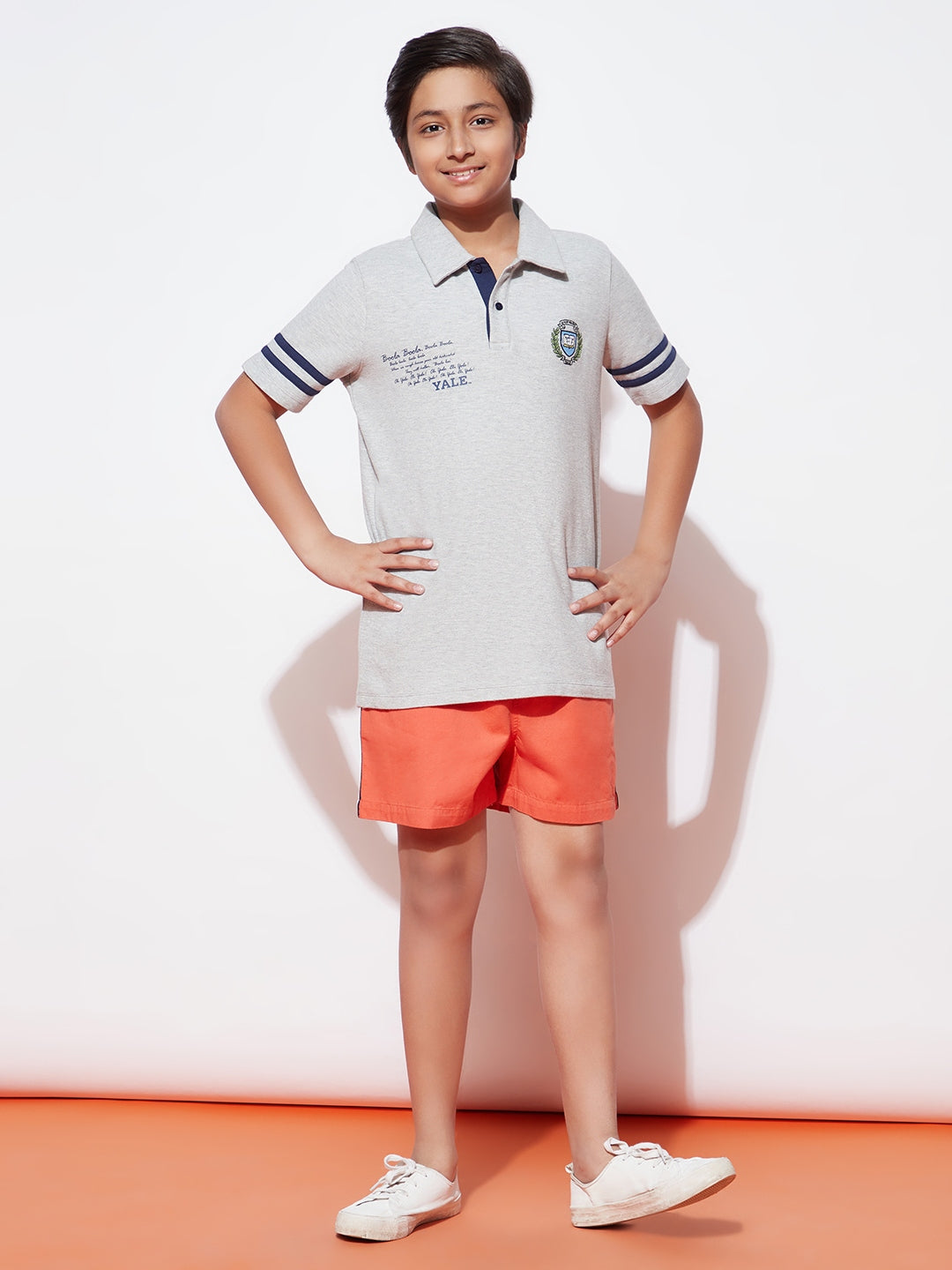 Teen Boys' Grey Collared T-Shirt with Blue Stripes and Orange Shorts Set