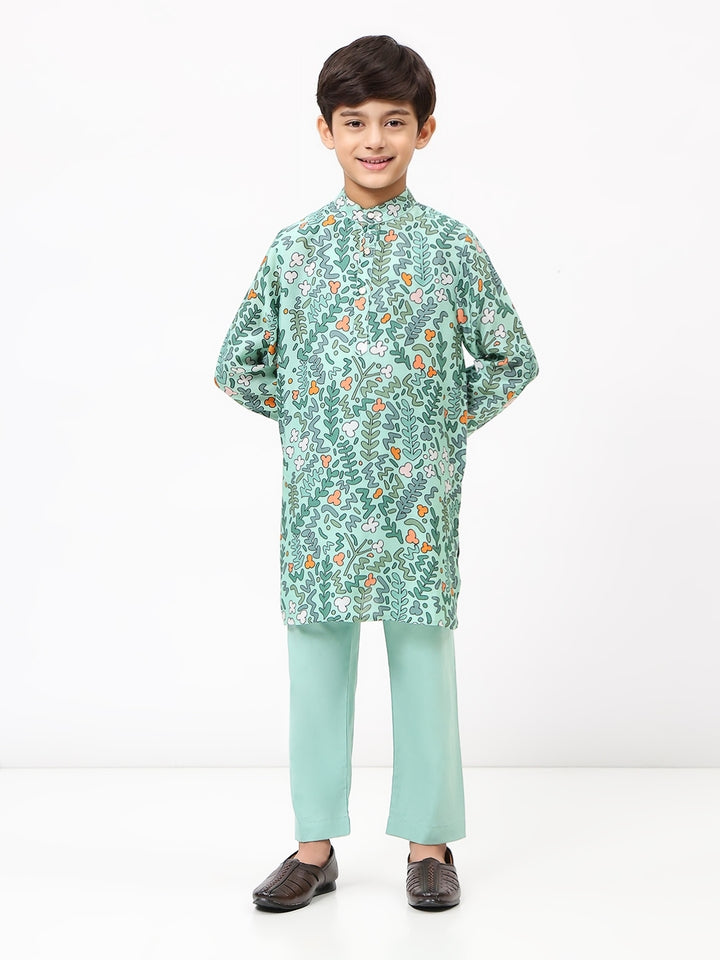 Boys Cotton Chanderi Green Printed Kurta Set