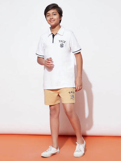 Teen Boys' White Polo Collared Yale T-Shirt and Beige Shorts Set