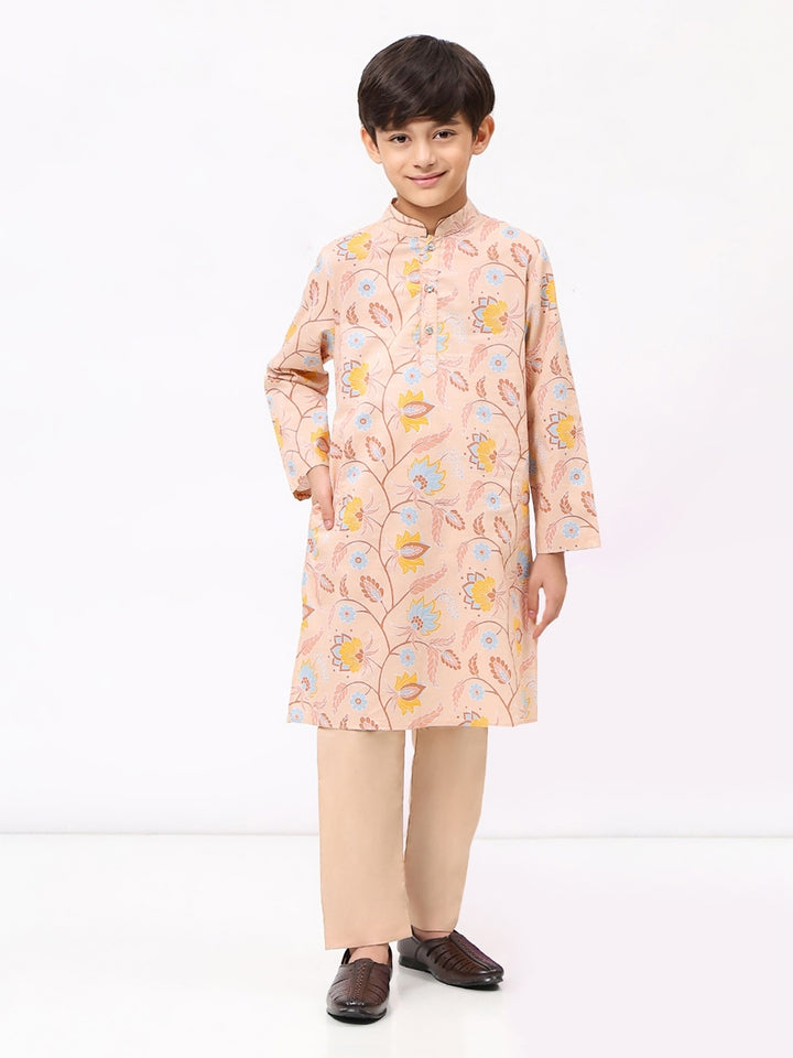 Boys Peach Floral Printed Ethnic Kurta Set