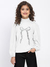 Girl's White Ribbed Puff Sleeve Sequin Bow Top