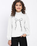 Girl's White Ribbed Puff Sleeve Sequin Bow Top