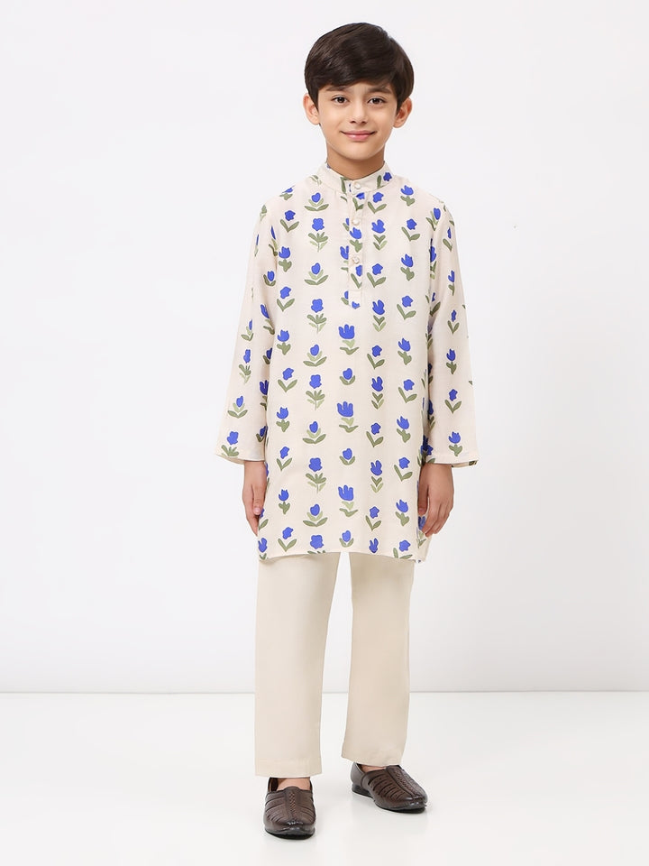 Boys Cotton Chanderi White Floral Printed Kurta Set