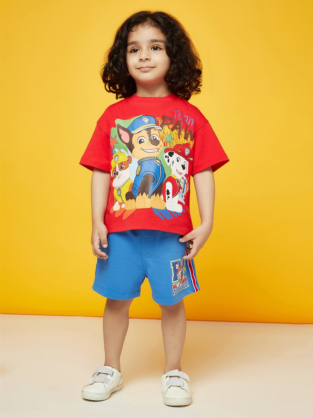 Kid Boys Red Paw Patrol Printed T-Shirt and Blue Shorts Set!