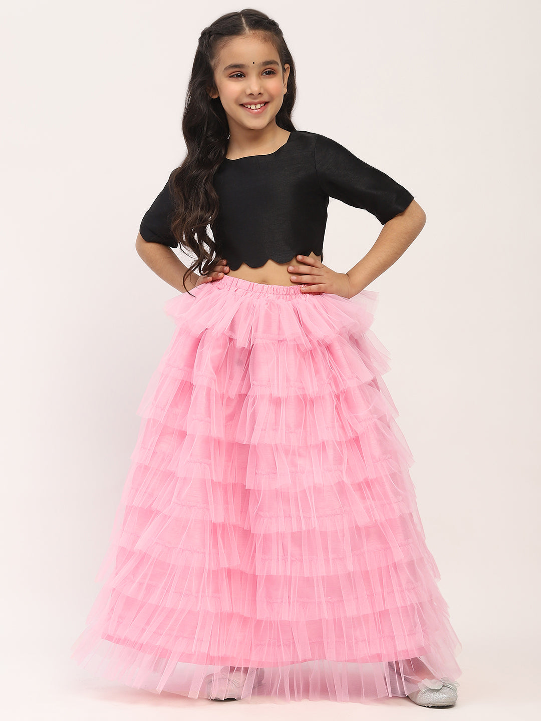 Pink Ruffles Lehenga Set with Black Blouse