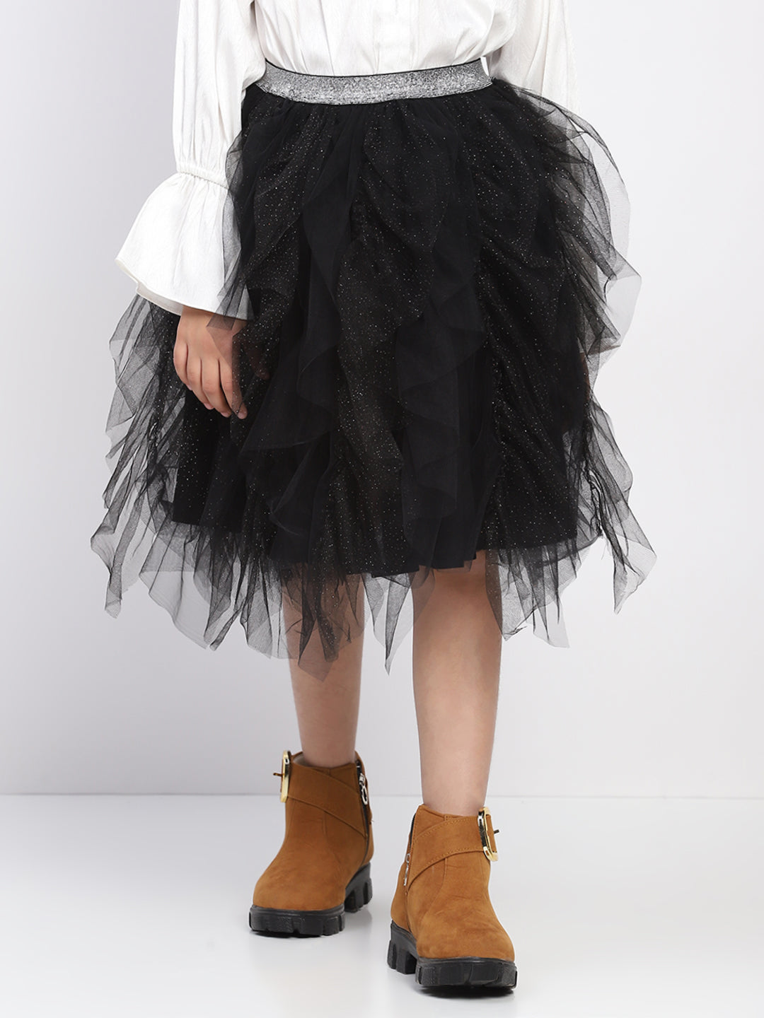 Girl's Black Layred Ruffled Tulle Skirt