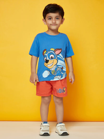 Kid Boys Blue Printed T-Shirt and Orange Shorts Set