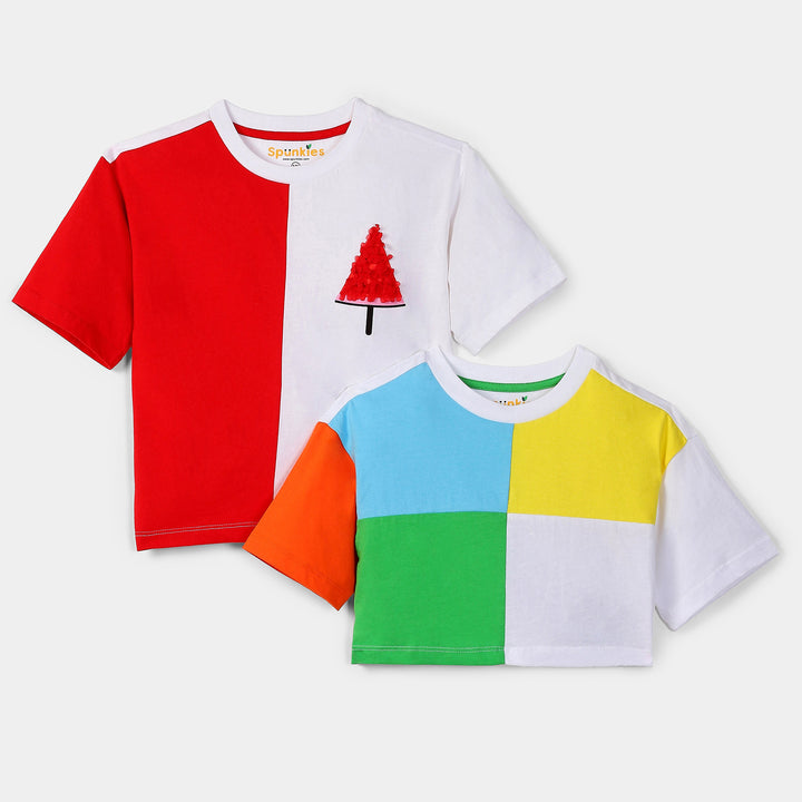Combo of 2 White Color Block Cotton Top