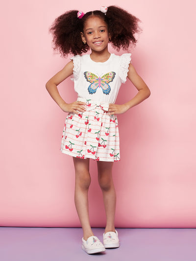 Kid Girls' White Butterfly Print T-Shirt and Pink Skirt