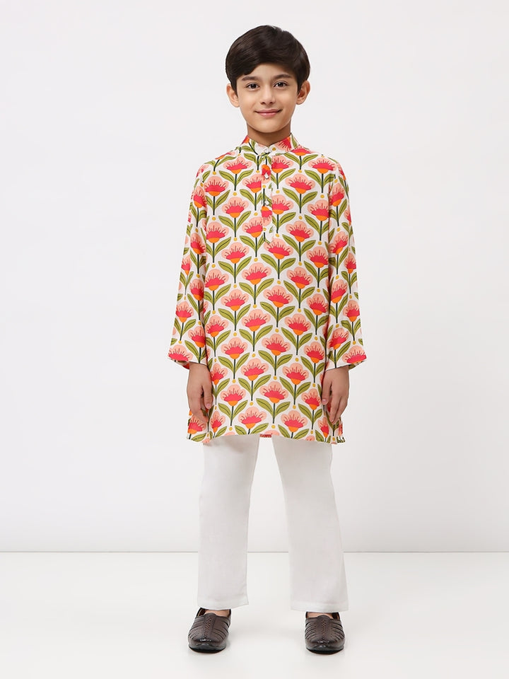 Boys Cotton Chanderi White Floral Printed Kurta Set