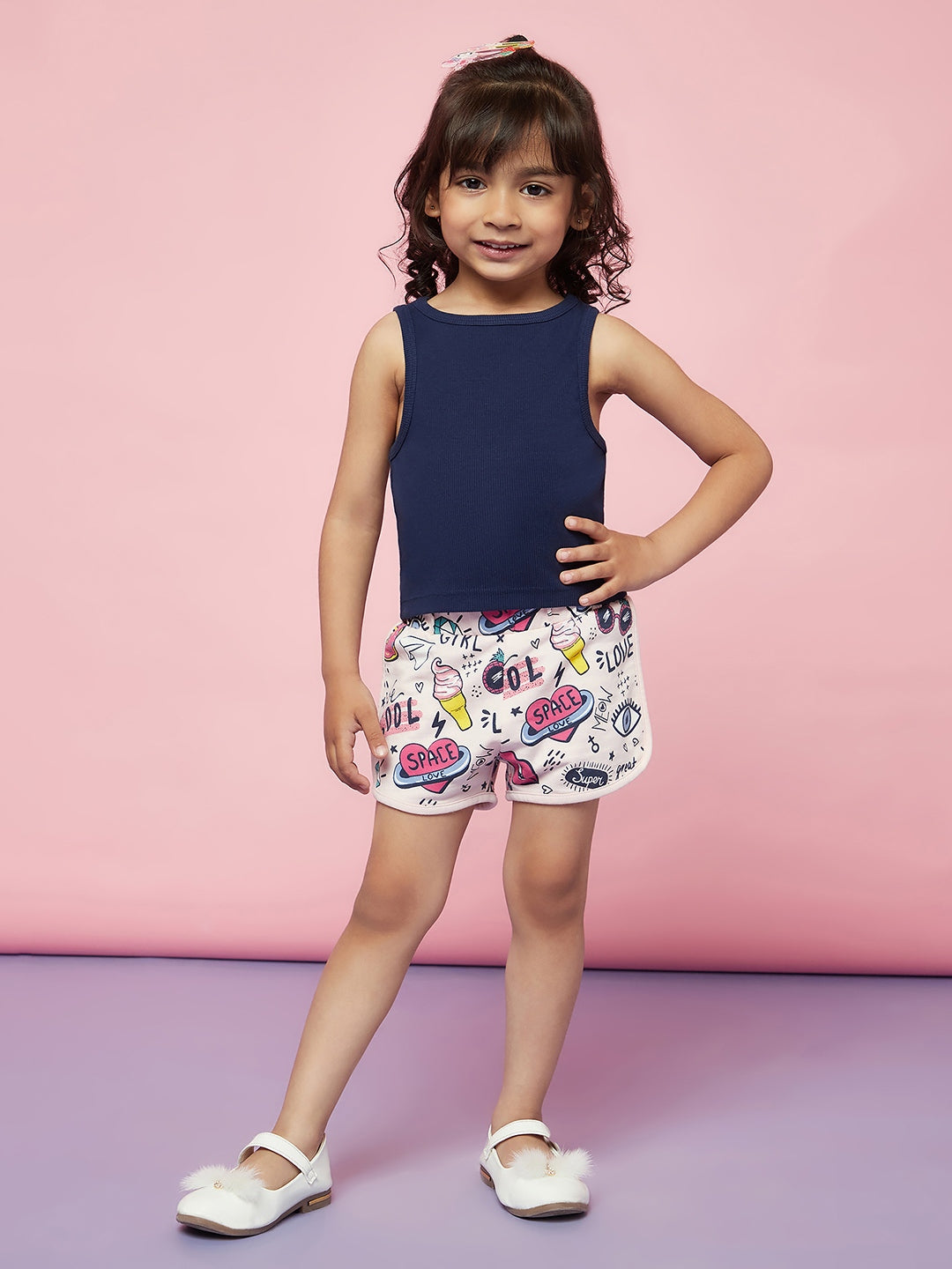 Kid Girls' Dark Blue Sleeveless Top and Light Pink Shorts Set
