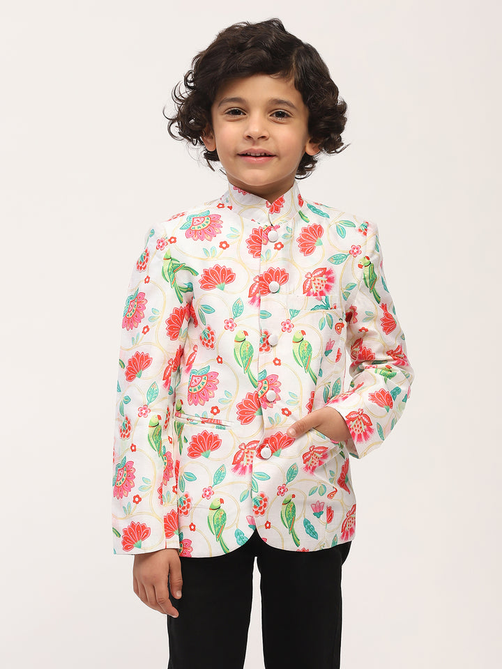 Spunkies white Elegant Floral Print Kids Ethnic Jacket with Mandarin Collar