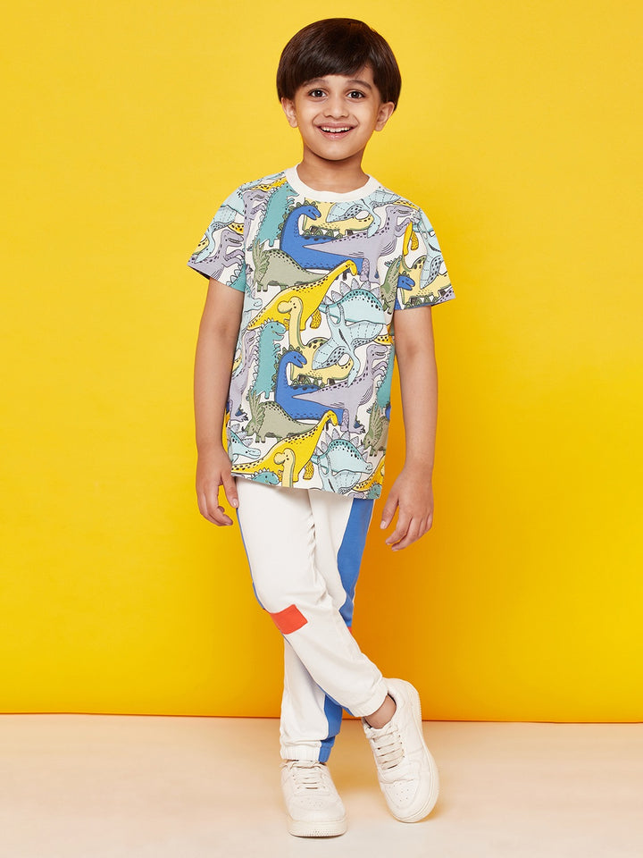 Kid Boys' Animal Print Round Neck T-Shirt with White Joggers