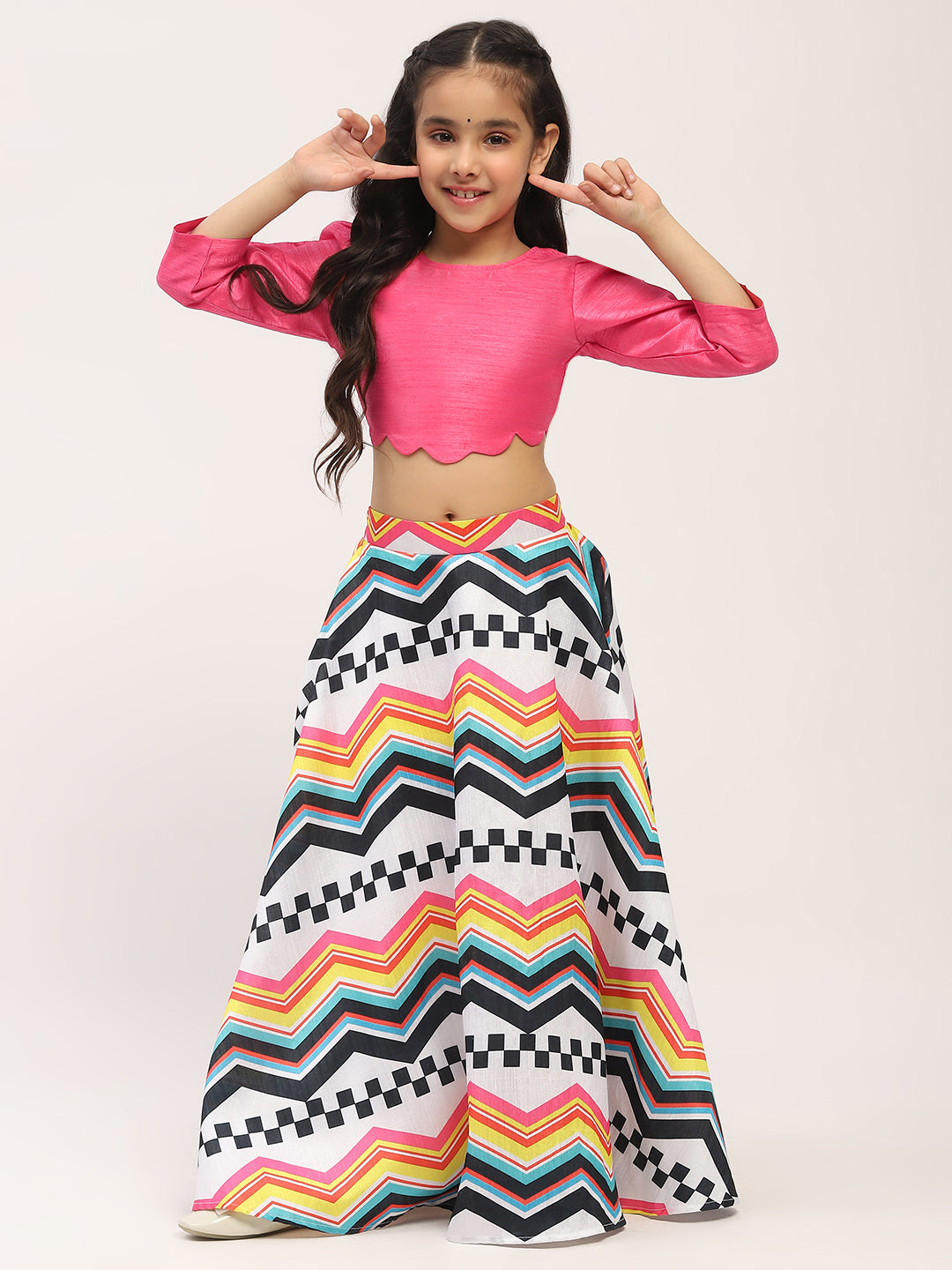 Spunkies Girls White Printed Lehenga with Pink Puff-Sleeve Top Set