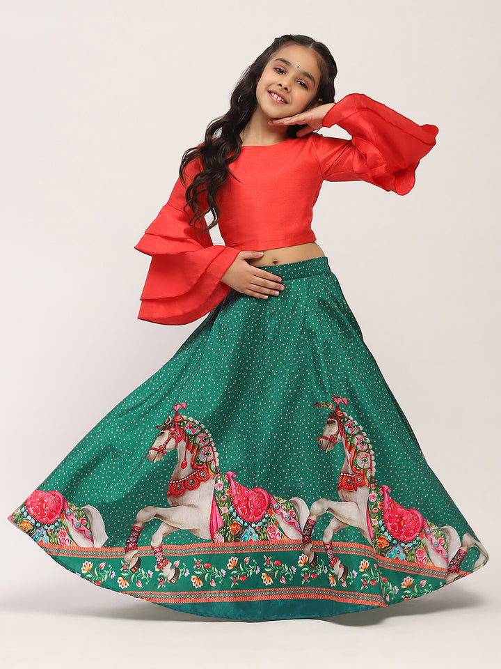 Spunkies Girls Green Printed Lehenga with Orange Bell-Sleeve Top Set