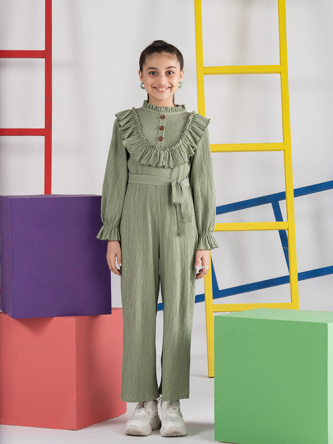 Trendy Green Frill Jumpsuit with Puff Sleeves