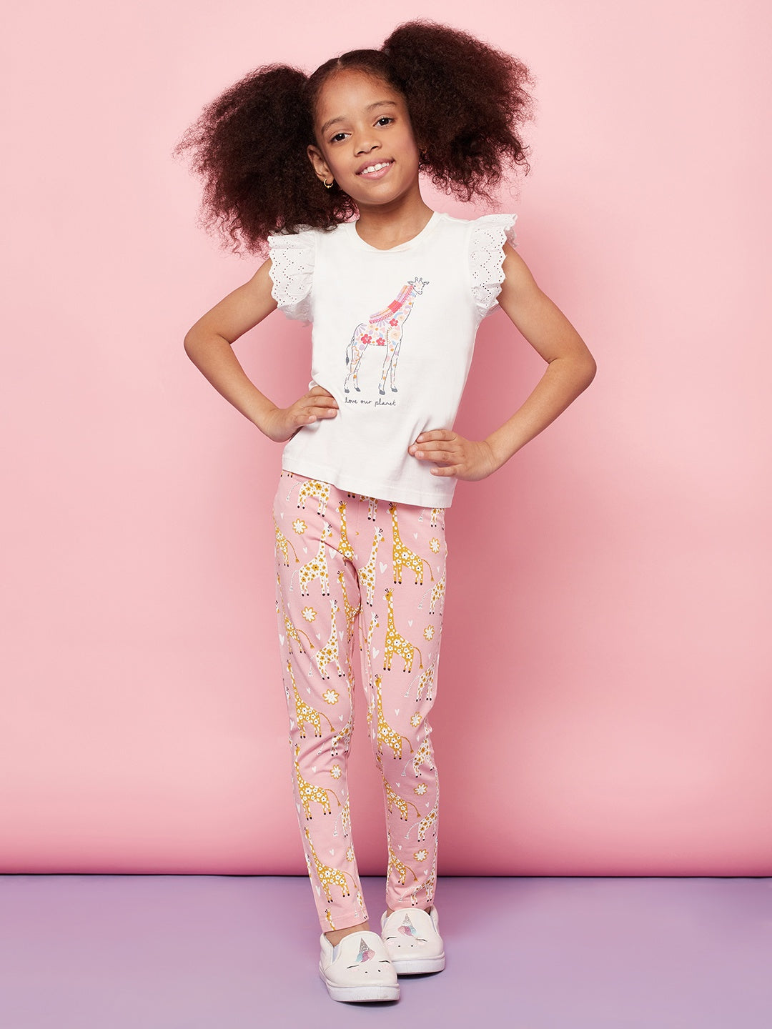 Kid Girls' White T-Shirt with Ruffle Sleeves and Pink Pants