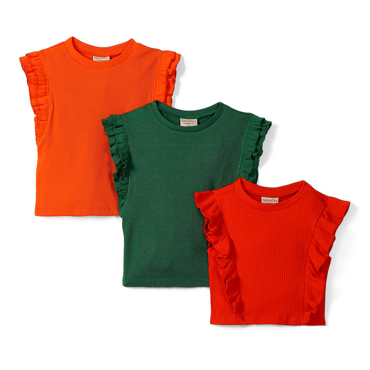 Combo of 3 Ribbed Solid Cotton Top with Round Neck and Ruffled Sleeves