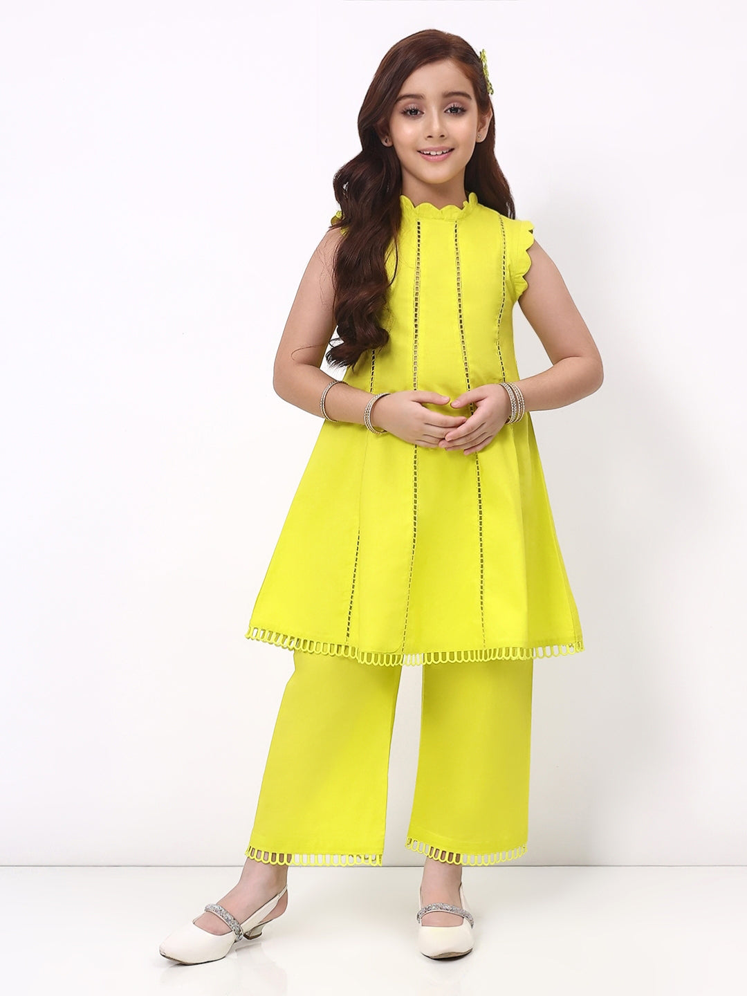 Girls Lime Green Ethnic Sleeveless Kurta with Palazzo Co-Ord Set