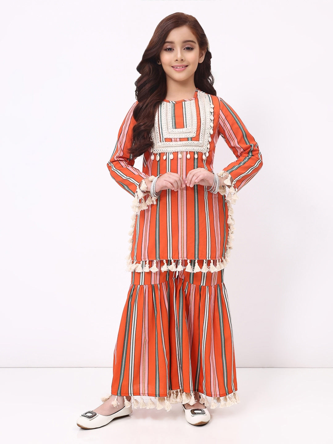 Girls Orange Stripe Ethnic kurti and sharara Set