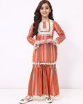 Girls Orange Stripe Ethnic kurti and sharara Set