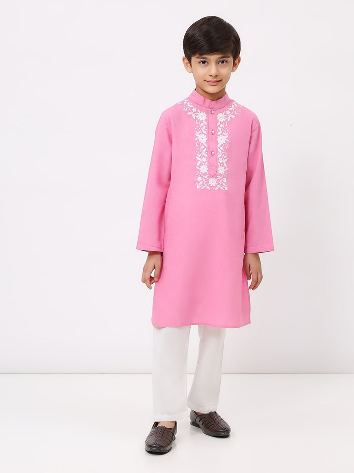 Boys Cotton Linen Pink Embroidered Kurta Set