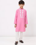 Boys Cotton Linen Pink Embroidered Kurta Set