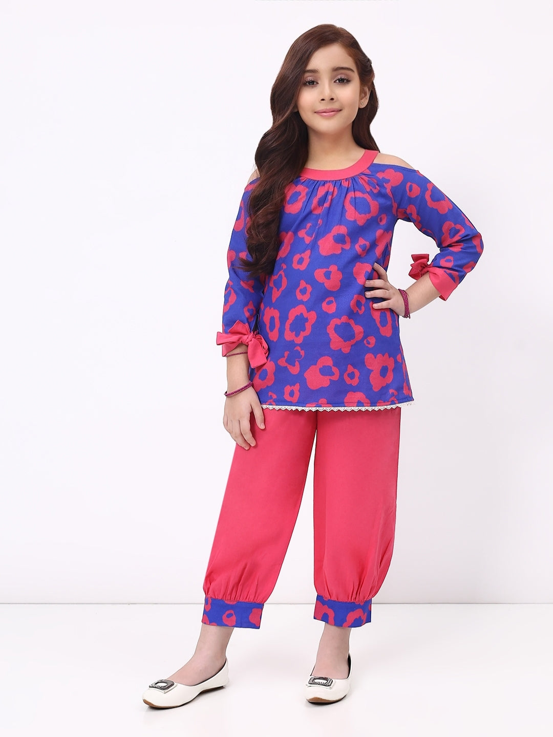 Girls Cotton Linen Blue Printed  Ethnic Co-Ord Set