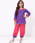 Girls Cotton Linen Blue Printed  Ethnic Co-Ord Set