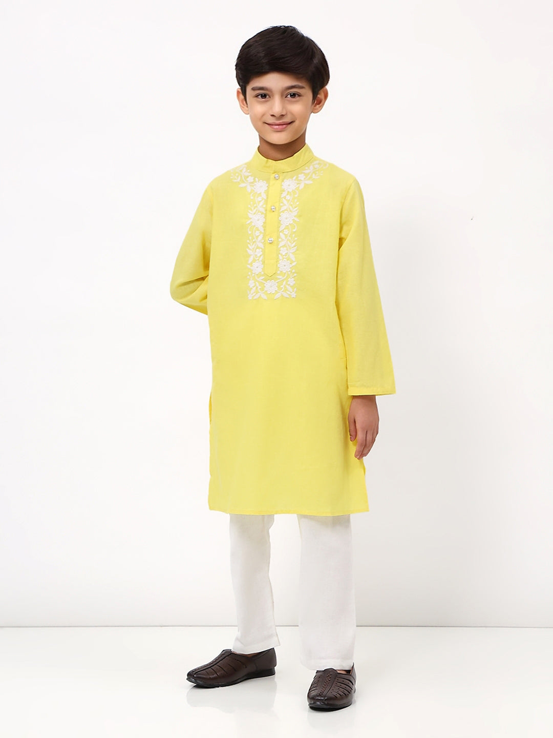 Boys Cotton Linen Yellow Embroidered Kurta Set