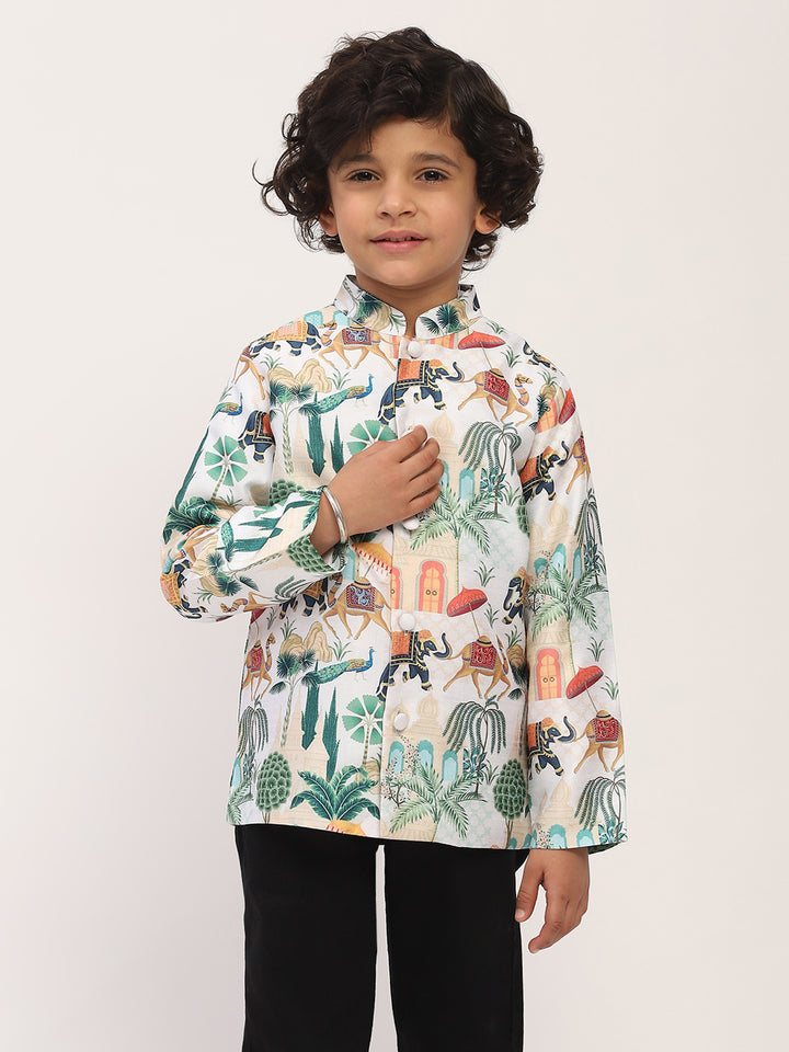 Spunkies White  Elegant Floral Printed Kids Ethnic Jacket