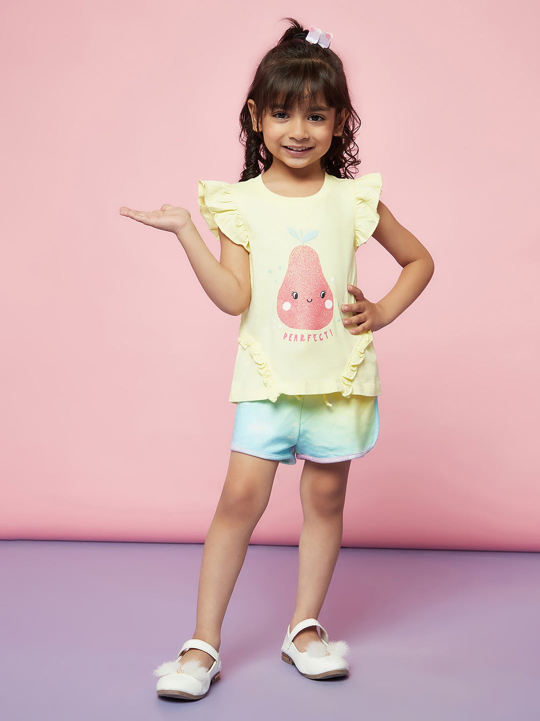 Kid Girl's Lemon Yellow Ruffle Shorts and Tee Set with Kawai Print