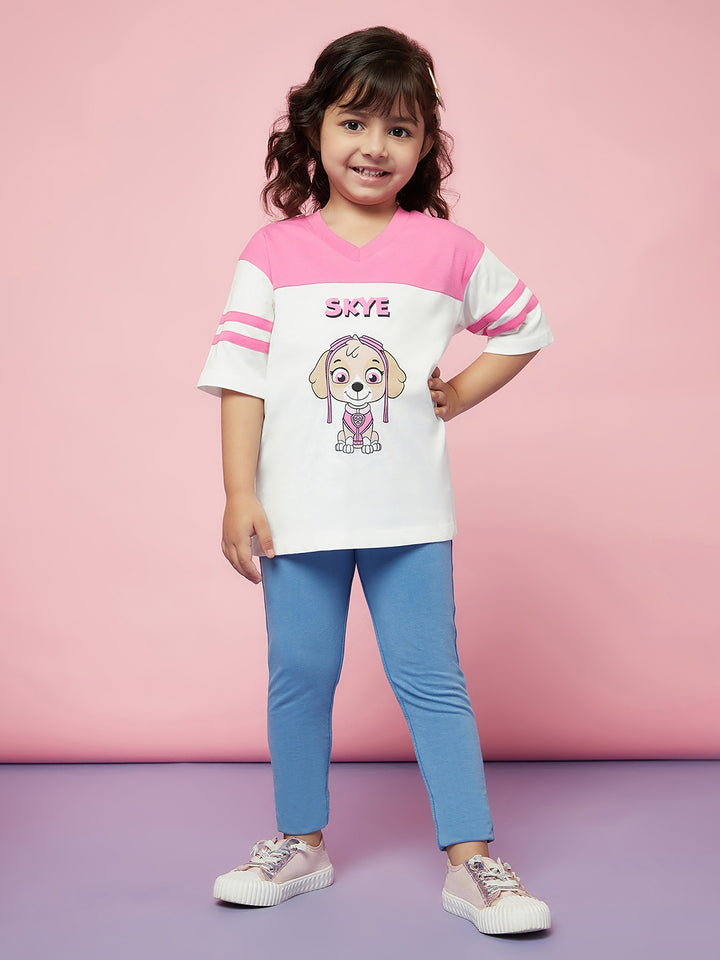 Kid Girl Cute Pink and White Puppy Print T-Shirt with Blue Pants Set